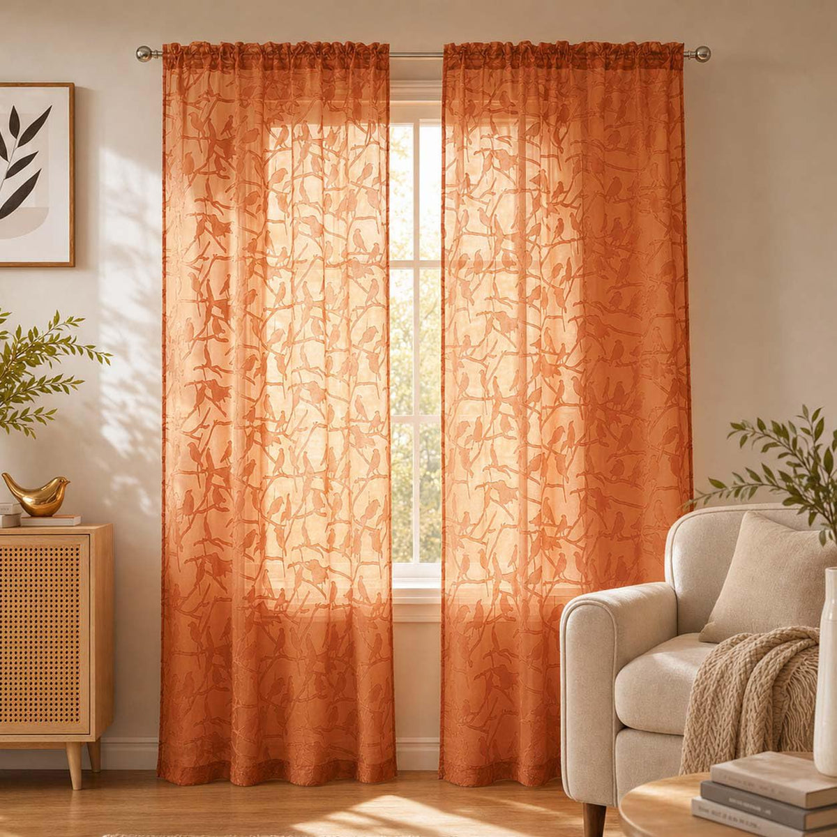 OVZME Sage Green Sheer Curtains 63 Inch Length 2 Panel Set, Light Filtering Bedroom Curtains with Dual Rod Pocket Top, Leaf Bird Clip Jacquard Sheer Farmhouse Window Drapes for Living Room, 2x38Wx63L