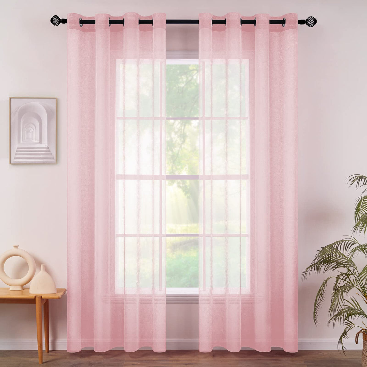 MIULEE Ivory Sheer Curtains Linen Textured Panels 54X84 Inches