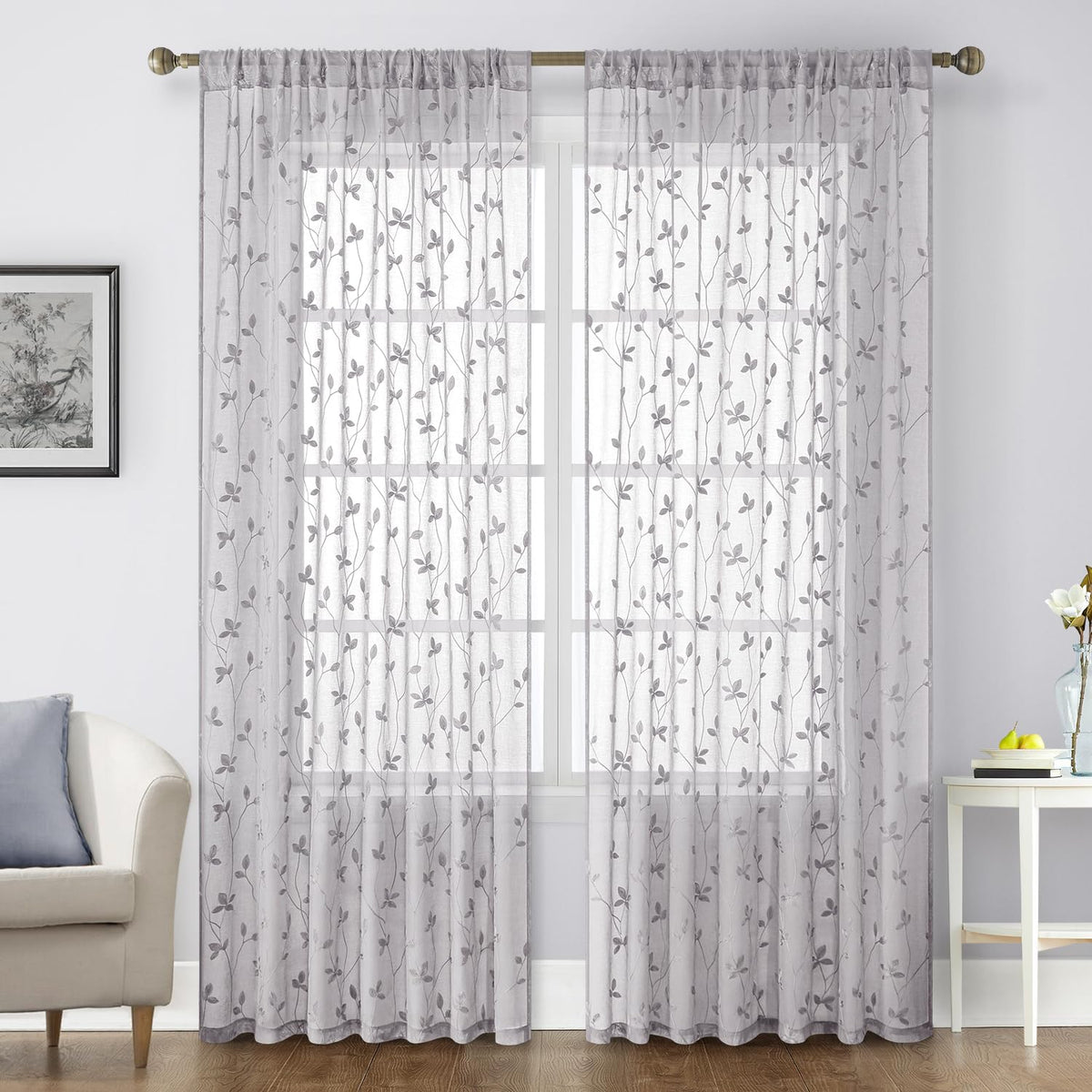 HOMEIDEAS Sage Green Sheer Curtains Leaf Embroidered, 52x84 Inch, 2 Panels
