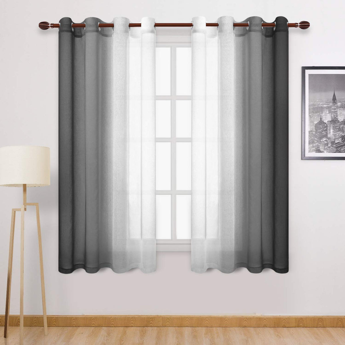 DWCN Blue Linen Ombre Sheer Curtains - Semi Voile Gradient Grommet Top Curtains for Bedroom and Living Room, Set of 2 Window Curtain Panels, 52 x 84 Inches Long, Denim Blue