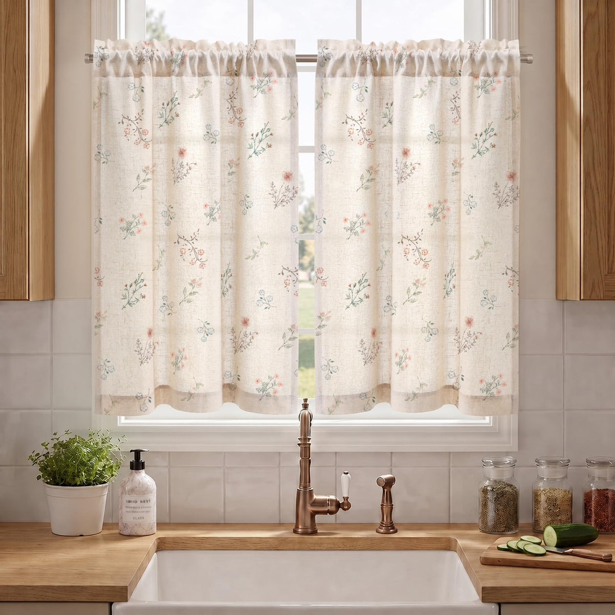 Boho Floral Light Filtering Curtains 84 Inch 2 Panels Linen Texture