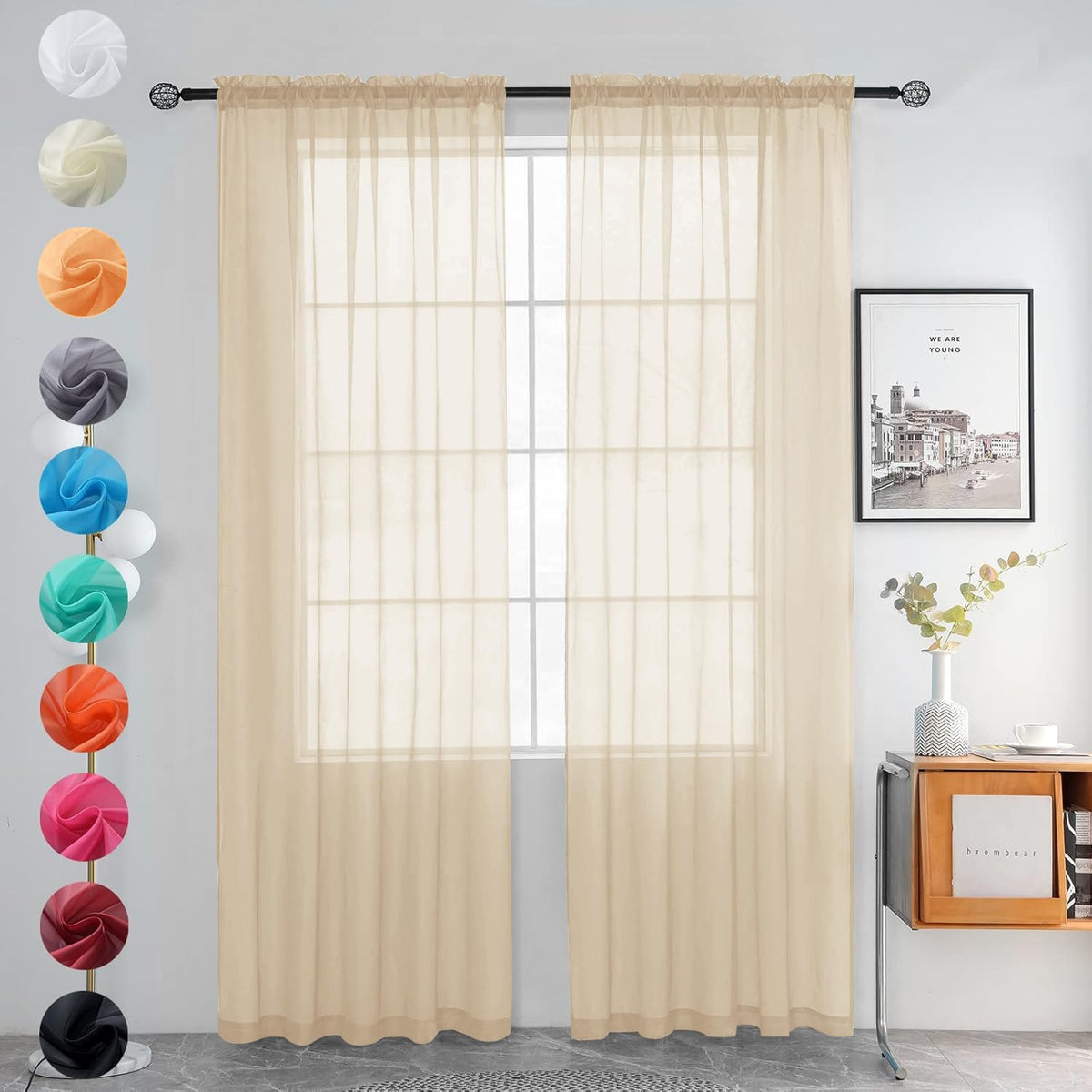 youleyar Solid Sheer Rod Pocket Curtain Voile Draperies 2 Panels White Beige Black Grey Coffee 52 Inch Width 84 Inch Long 1 Pair for Kitchen Bedroom Children Living Room Yard (Orange,52Wｘ84L)