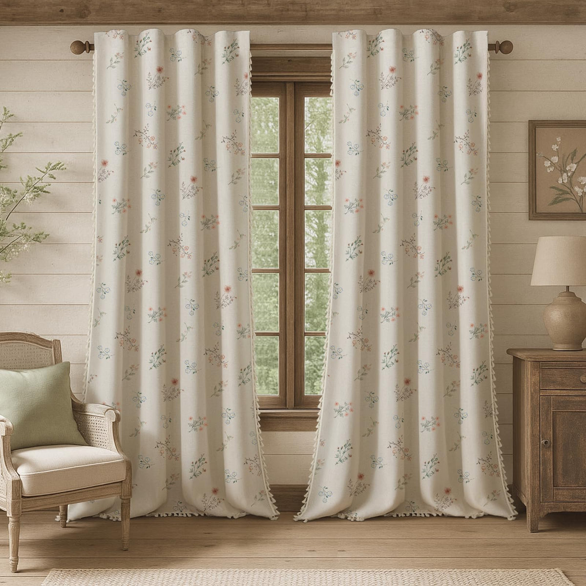 Boho Floral Light Filtering Curtains 84 Inch 2 Panels Linen Texture