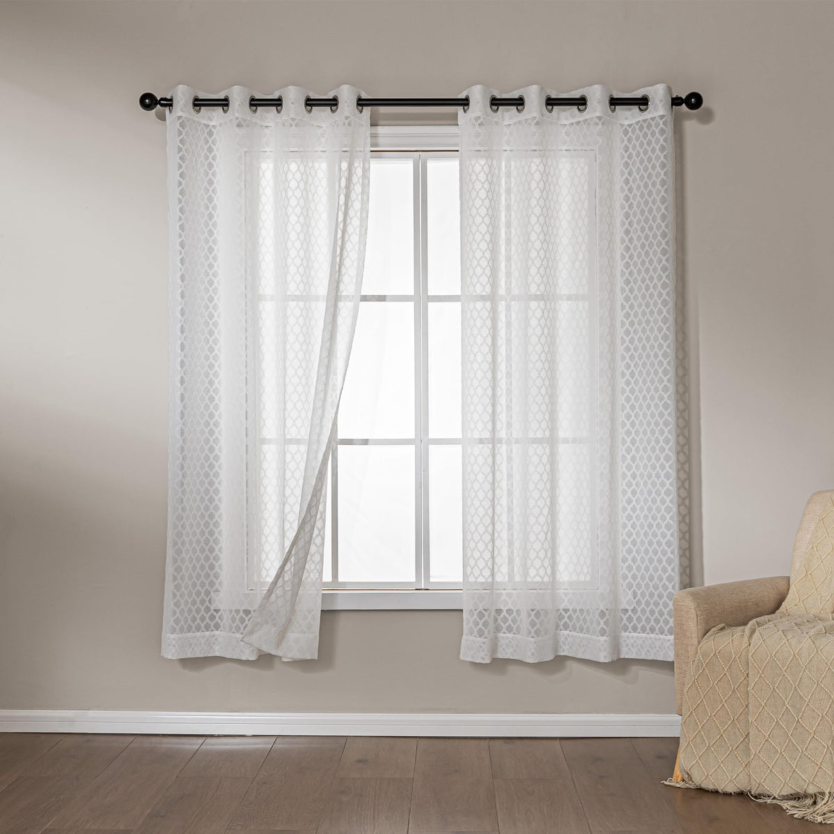 Amazon Basics Lace Sheer Curtains for Living Room and Bedroom, 2-Panel Set with Grommet, 42" W × 63" L, White Cloverleaf
