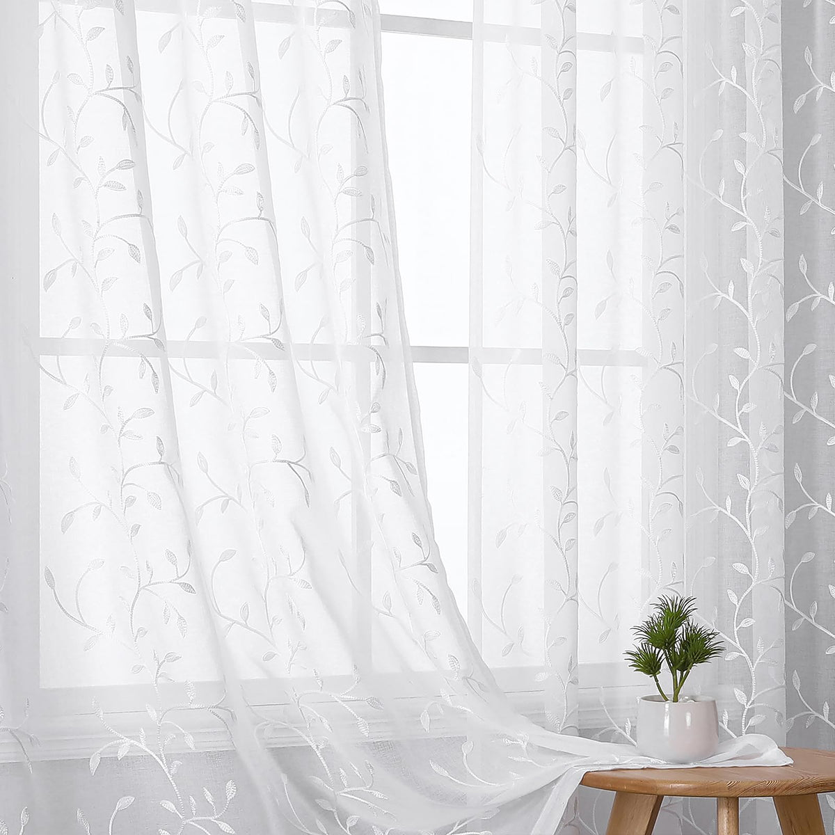 VISIONTEX Sheer Curtains Boho Leaf Floral Embroidered Cream Beige 54Wx84L
