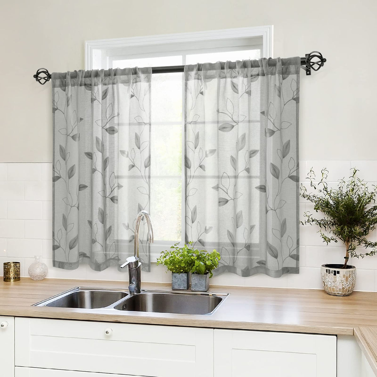 HOMEIDEAS Sage Green Sheer Curtains Leaf Embroidered, 52x84 Inch, 2 Panels