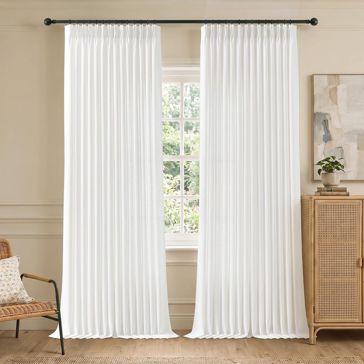 Pinch Pleated Linen Curtains 96 Inches Semi Sheer Light Filtering, 2 Panels