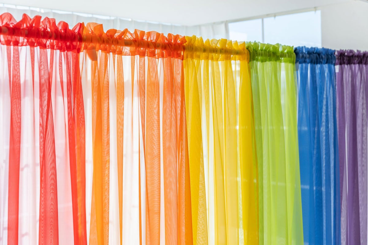 6 Piece Rainbow Sheer Window Panel Colorful Backdrop Bright Curtains Set for Playroom, Nurseries, Bedroom & more Lime, Orange, Red, Purple, Bright Yellow, Navy drapes- 84 inch Long Panels