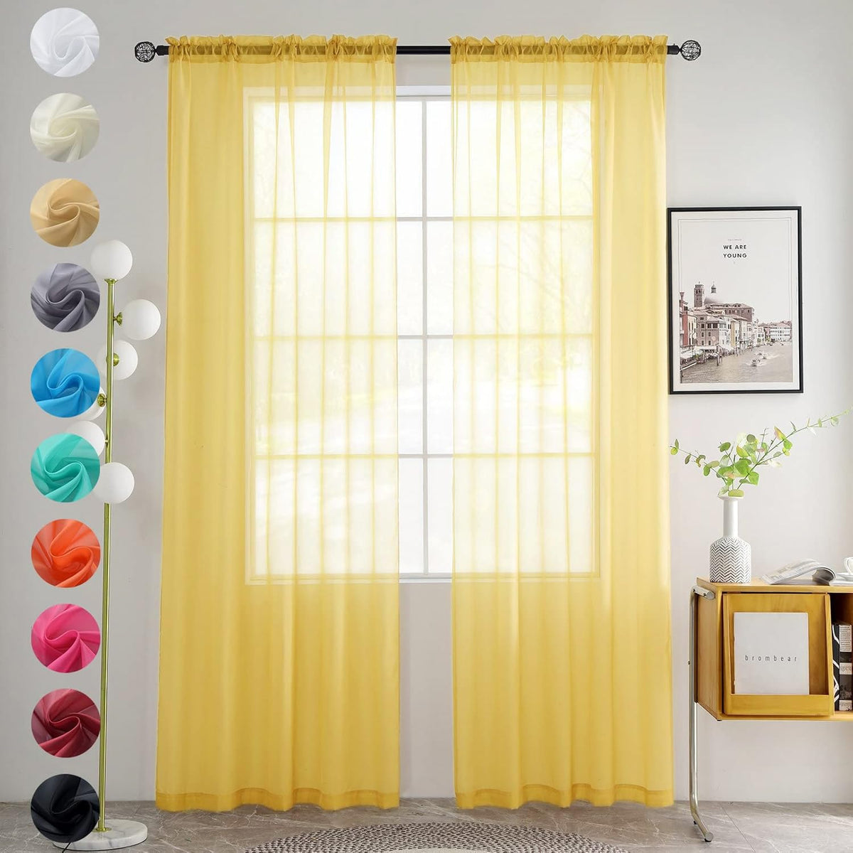 youleyar Solid Sheer Rod Pocket Curtain Voile Draperies 2 Panels White Beige Black Grey Coffee 52 Inch Width 84 Inch Long 1 Pair for Kitchen Bedroom Children Living Room Yard (Orange,52Wｘ84L)