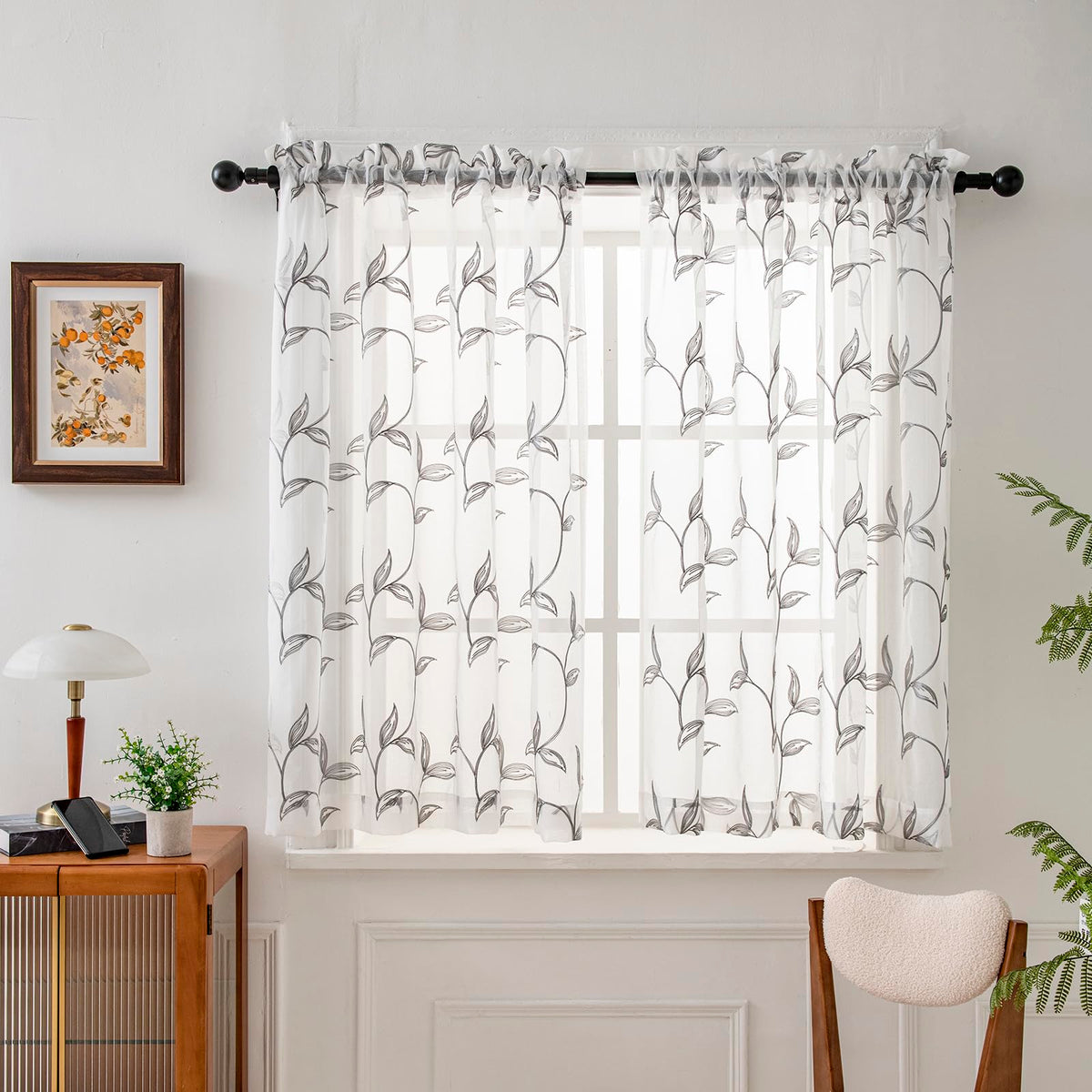 VISIONTEX Sheer Curtains Boho Leaf Floral Embroidered Cream Beige 54Wx84L