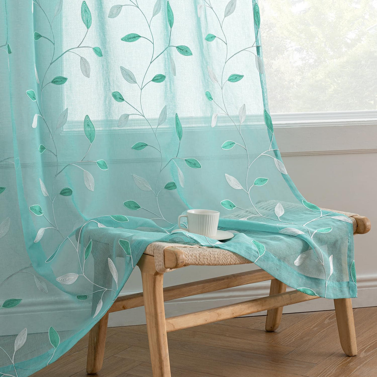 MIULEE Beige Sheer Curtains 2 Panels Embroidered Leaf Patterned, W52 x L84