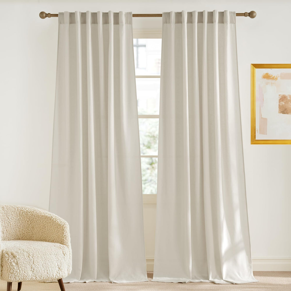 NICETOWN Natural Linen Curtains & Drapes for Windows 84 inch Long, Rod Pocket & Back Tab Thick Flax Semi Sheer Privacy Assured with Light Filtering for Bedroom/Living Room, W55 x L84, 2 Pieces