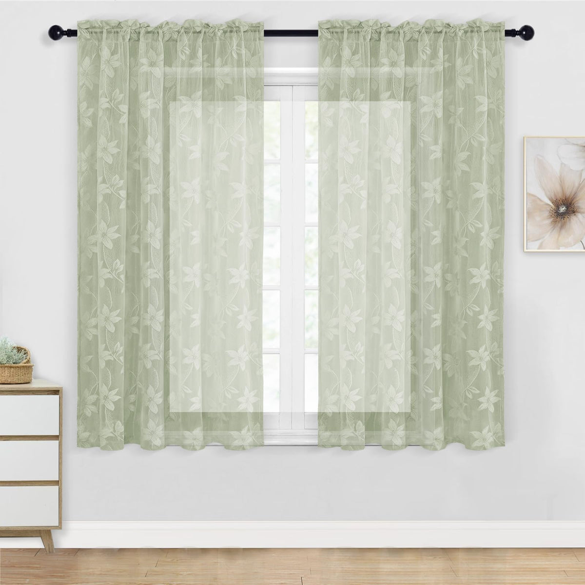 DWCN White Sheer Curtains - Short Curtains Floral Lace Design Rod Pocket Window Voile Sheer Drapes for Bedroom Kitchen Small Window 42 x 54 inch Length, 2 Panels White