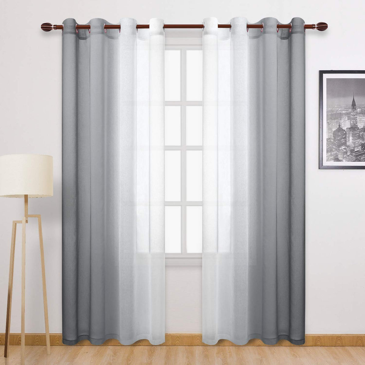 DWCN Blue Linen Ombre Sheer Curtains - Semi Voile Gradient Grommet Top Curtains for Bedroom and Living Room, Set of 2 Window Curtain Panels, 52 x 84 Inches Long, Denim Blue