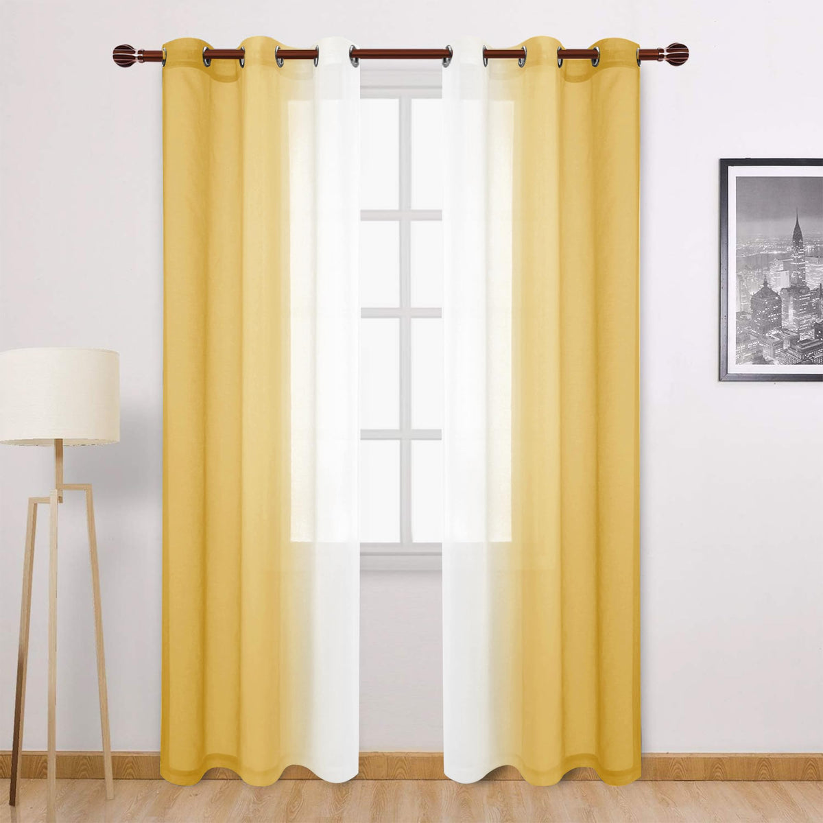 DWCN Blue Linen Ombre Sheer Curtains - Semi Voile Gradient Grommet Top Curtains for Bedroom and Living Room, Set of 2 Window Curtain Panels, 52 x 84 Inches Long, Denim Blue