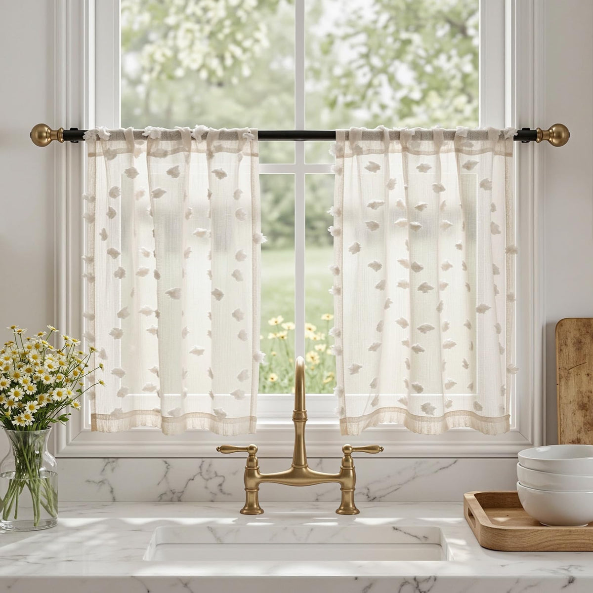 MYSKY HOME Beige Boho Sheer Curtains with Cream Pom Pom 50Wx84L,2 Panels