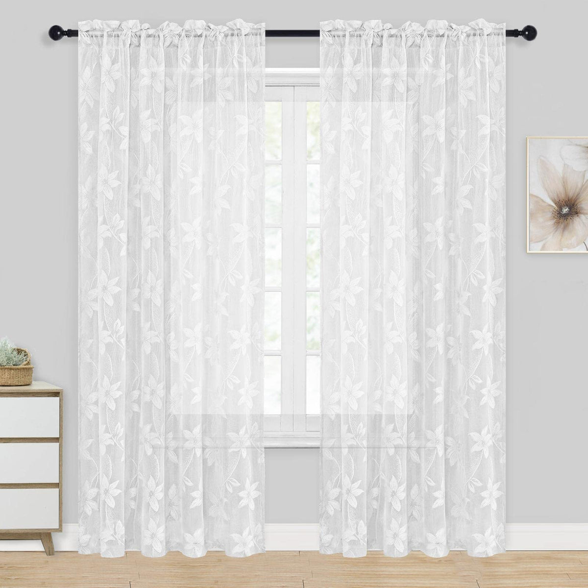 DWCN White Sheer Curtains - Short Curtains Floral Lace Design Rod Pocket Window Voile Sheer Drapes for Bedroom Kitchen Small Window 42 x 54 inch Length, 2 Panels White