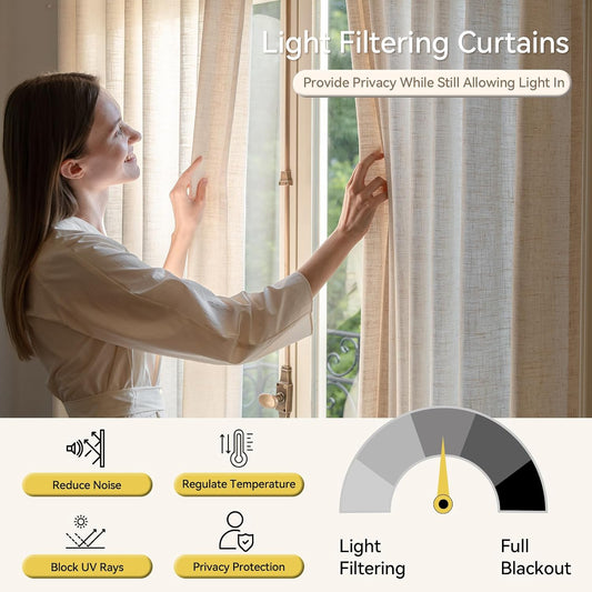 Liz Sheer Pinch Pleated Linen Curtains 102 Inches Long - Light Filtering Pleat Curtains for Living Room, Window Curtains for Bedroom, Luxury Pinch Pleated Drapes with Hooks, Natural, 2 Panels Set