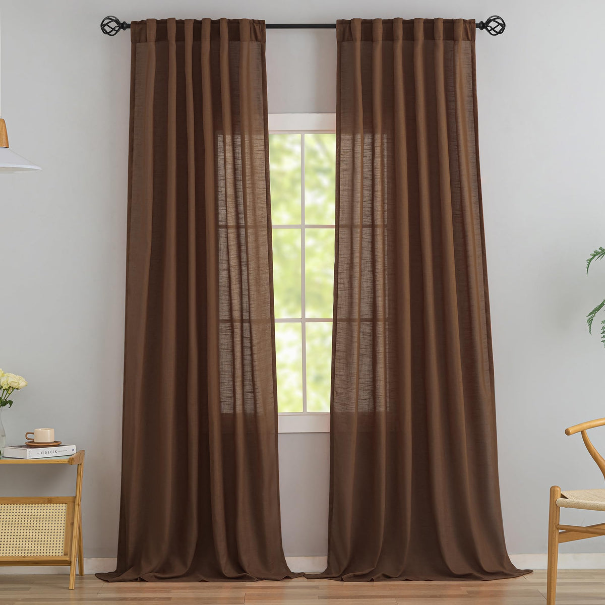 Natural Linen 144 Inch Length Curtains for Tall Floor Ceiling Villa Living Room -Cream Ivory Bak Tab Hooks Pleated Easy Open Sliding Semi Sheer 144 inch Extra Long 2 Story Window Curtains,12 Foot