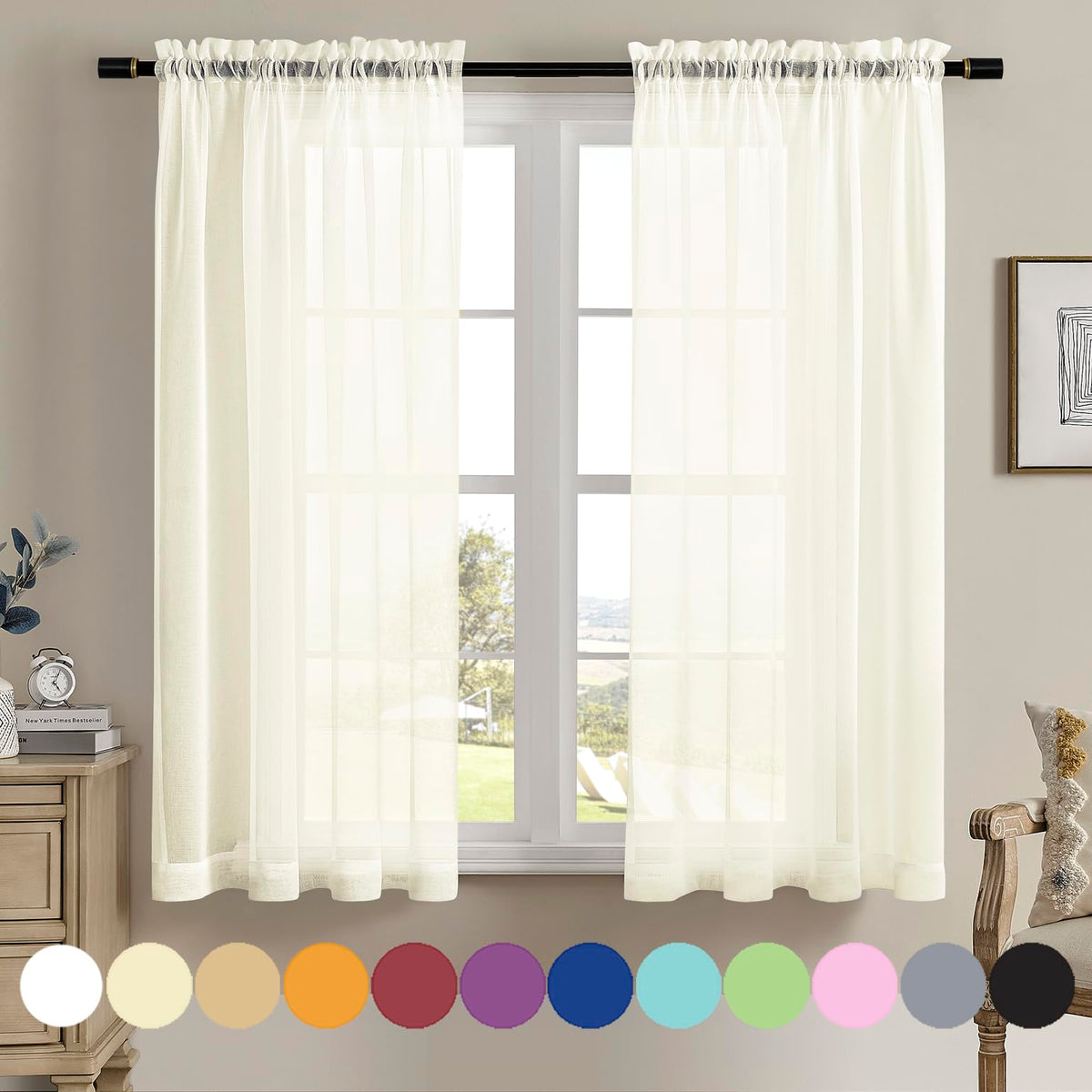 MYSTIC-HOME Sheer Curtains White 63 Inch Length, Rod Pocket Voile Drapes for Living Room, Bedroom, Window Treatments Semi Crinkle Curtain Panels for Yard, Patio, Villa, Parlor, Set of 2, 52"x 63"