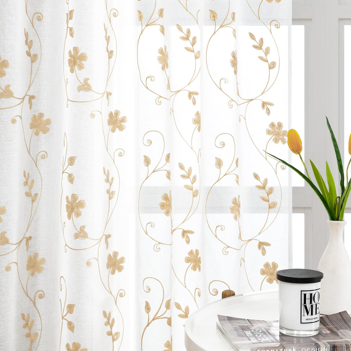 HOMEIDEAS Sage Green Sheer Curtains Leaf Embroidered, 52x84 Inch, 2 Panels