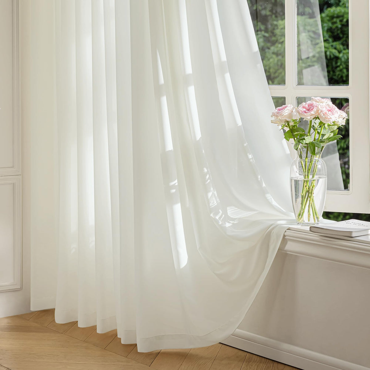 FMFUNCTEX Cream Sheer Curtains, 90 Inch, Rod Pocket, 2 Panels for Bedroom