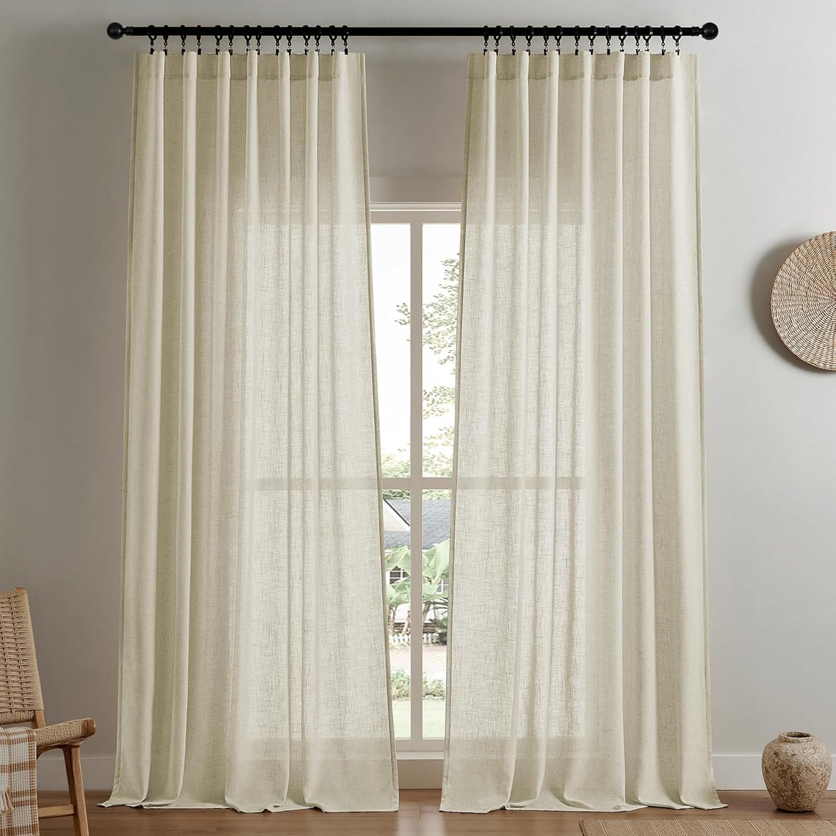Joydeco Linen Curtains for Living Room,Light Filtering Rod Pocket Back Tab Semi Sheer Drapes Window Long Curtains 90 inches Long Ivory