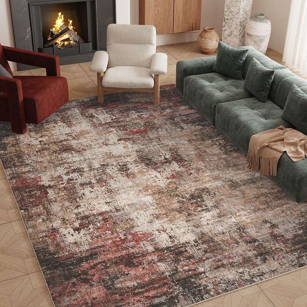 8x10 Pink Gray Washable Area Rug for Living Room, Vintage Print
