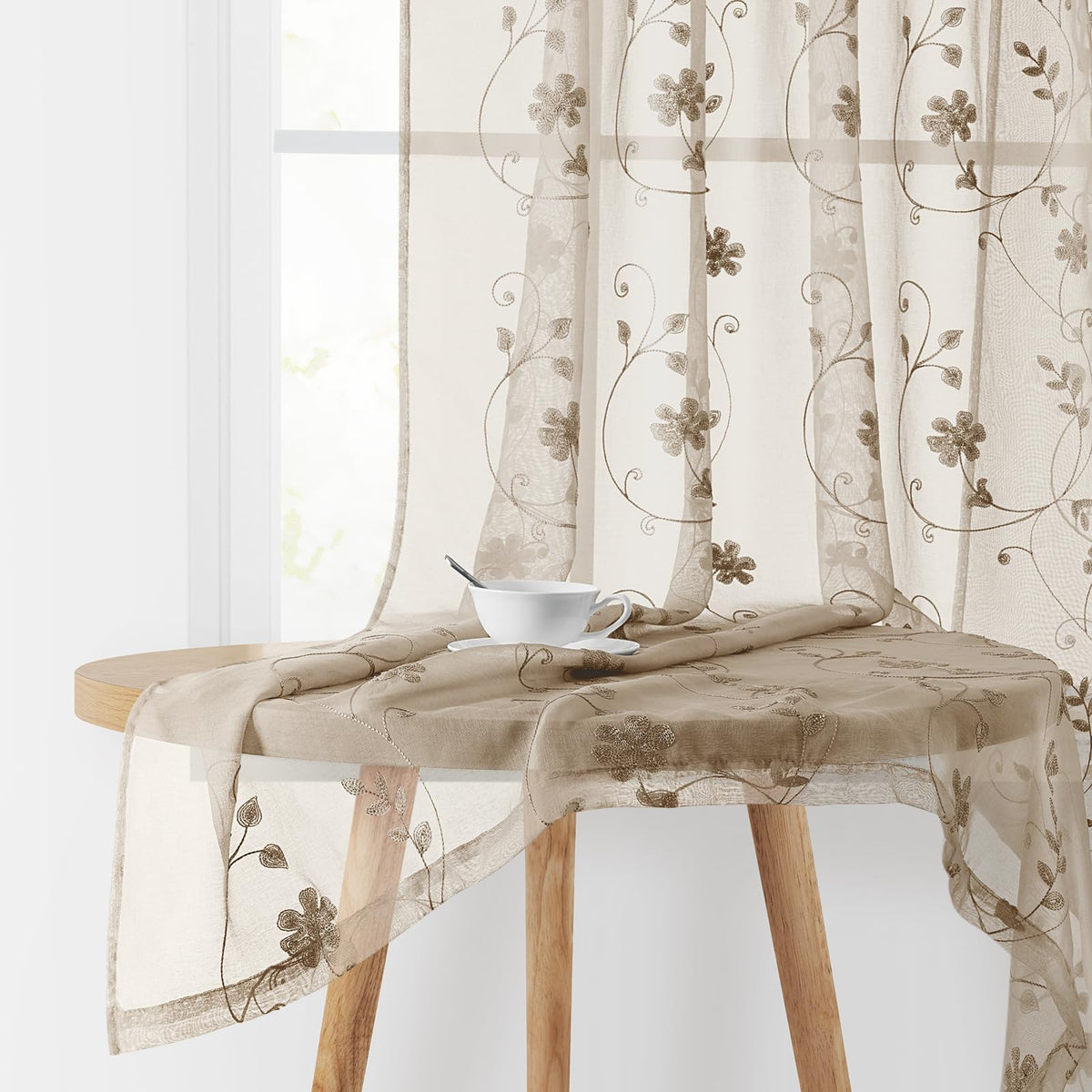 HOMEIDEAS Sage Green Sheer Curtains Leaf Embroidered, 52x84 Inch, 2 Panels