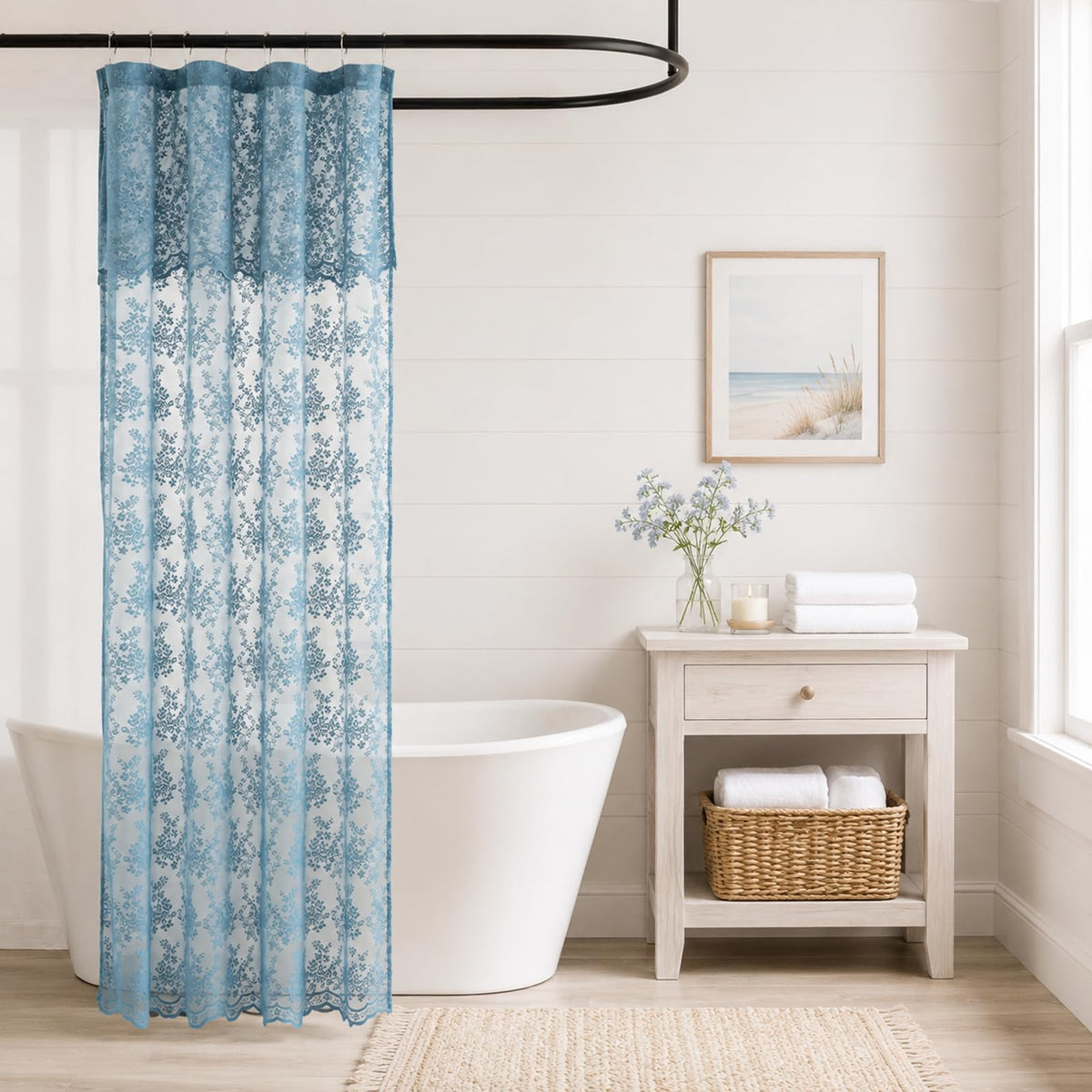 Ivory Lace Shower Curtain 72x72, Vintage Shabby Chic with Attached Valance