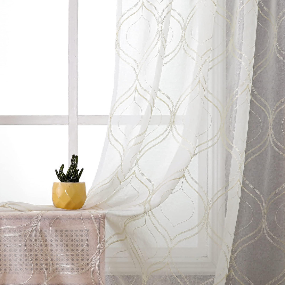 VISIONTEX White Sheer Curtains Grey Moroccan Embroidered 63 Inch Length