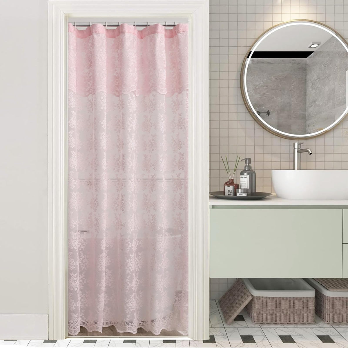 Ivory Lace Shower Curtain 72x72, Vintage Shabby Chic with Attached Valance
