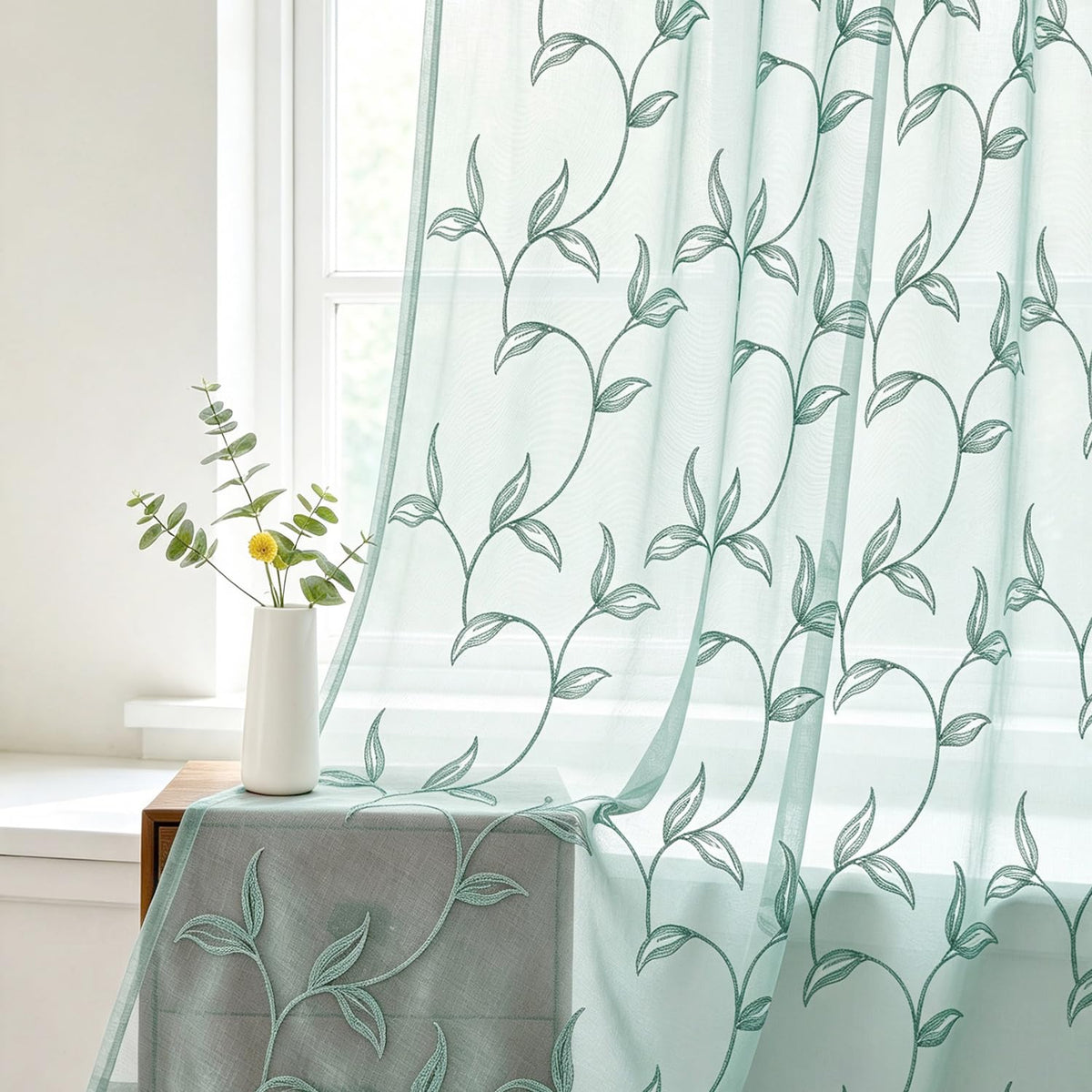 VISIONTEX Sheer Curtains Boho Leaf Floral Embroidered Cream Beige 54Wx84L