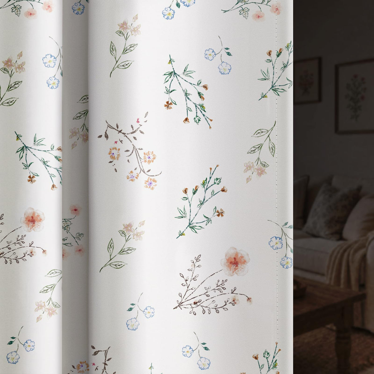 Boho Floral Light Filtering Curtains 84 Inch 2 Panels Linen Texture