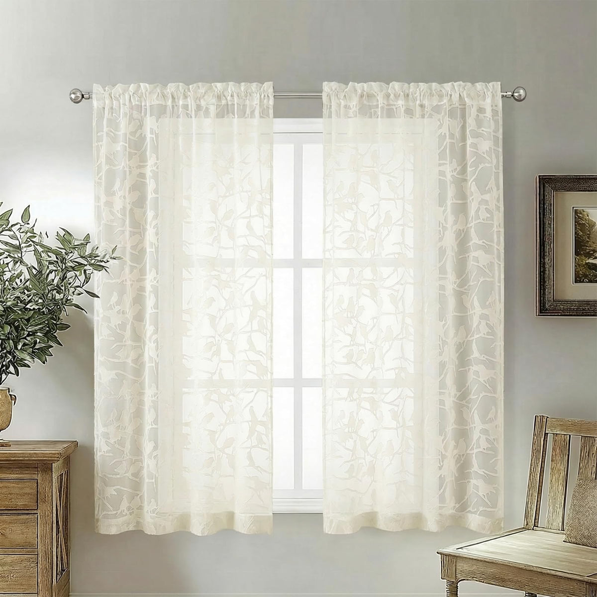 OVZME Sage Green Sheer Curtains 63 Inch Length 2 Panel Set, Light Filtering Bedroom Curtains with Dual Rod Pocket Top, Leaf Bird Clip Jacquard Sheer Farmhouse Window Drapes for Living Room, 2x38Wx63L