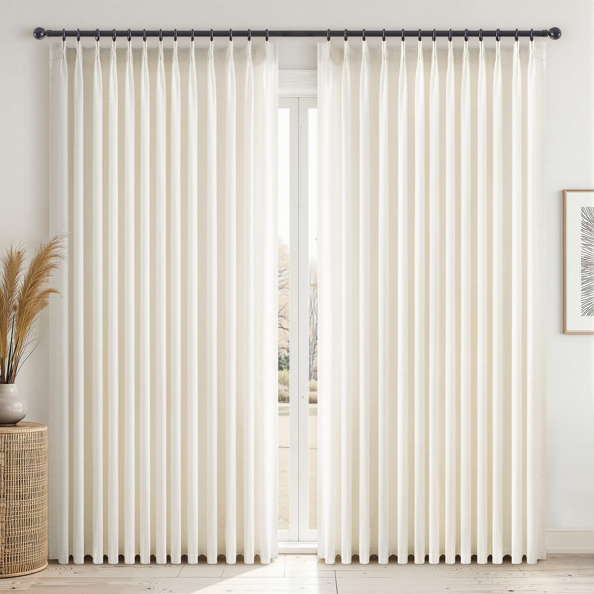 96 Inches Long Pinch Pleated Semi Sheer Curtains,Natural Linen Blended Light Filtering Window Curtains 96 Length 2 Panels for Living Room Bedroom Pinch Pleat Drapes with Hooks 2 Panels 40" Wx96 L