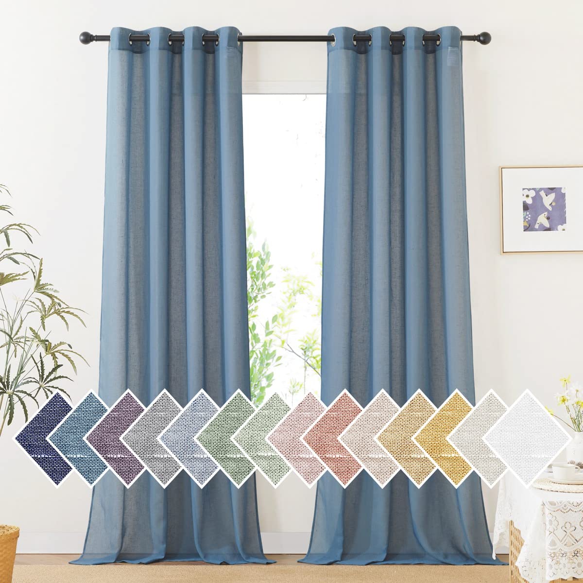 NICETOWN White Sheer Linen Curtains 84 Inch Length 2 Panels Set, W52xL84