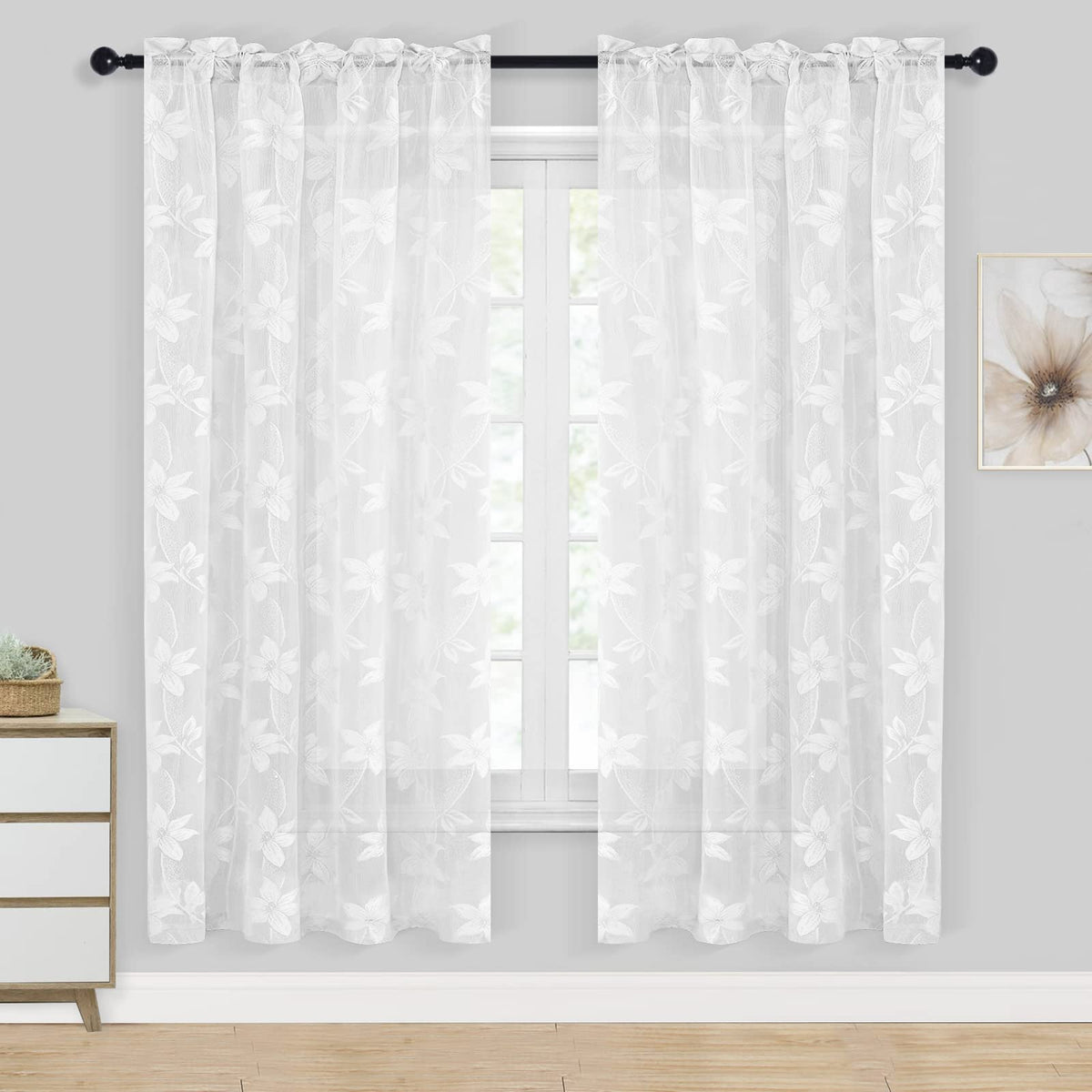 DWCN White Sheer Curtains - Short Curtains Floral Lace Design Rod Pocket Window Voile Sheer Drapes for Bedroom Kitchen Small Window 42 x 54 inch Length, 2 Panels White