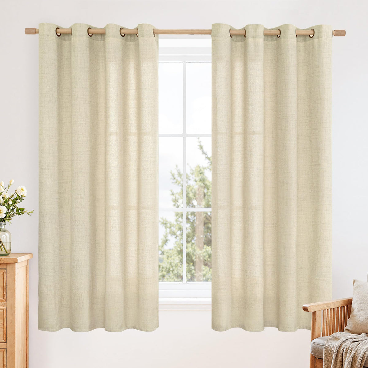 YoungsTex Linen Semi Sheer Curtains 63 Inch Length, Light Filtering Drapes
