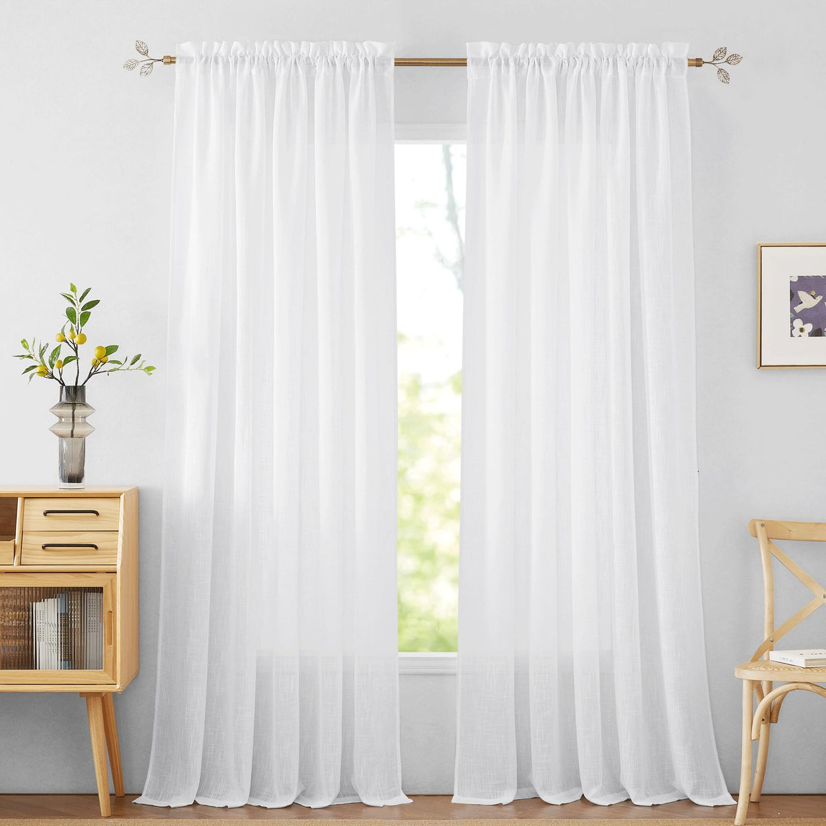 RYB HOME White Semi Sheer Curtains 84 inches Long for Living Room