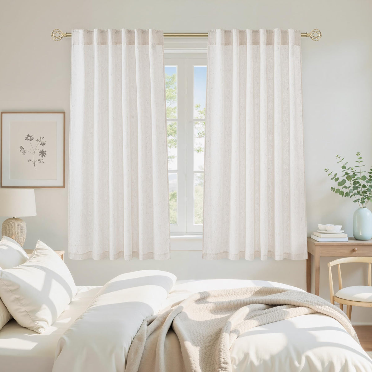 NICETOWN Natural Linen Curtains & Drapes for Windows 84 inch Long, Rod Pocket & Back Tab Thick Flax Semi Sheer Privacy Assured with Light Filtering for Bedroom/Living Room, W55 x L84, 2 Pieces