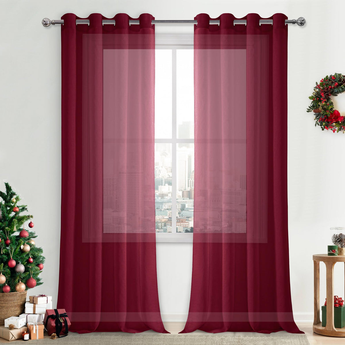 DWCN White Sheer Curtains Linen Look Semi Transparent Voile Grommet White Curtains for Living Dining Room Drapes 52 x 84 Inch Long, Set of 2 Panels