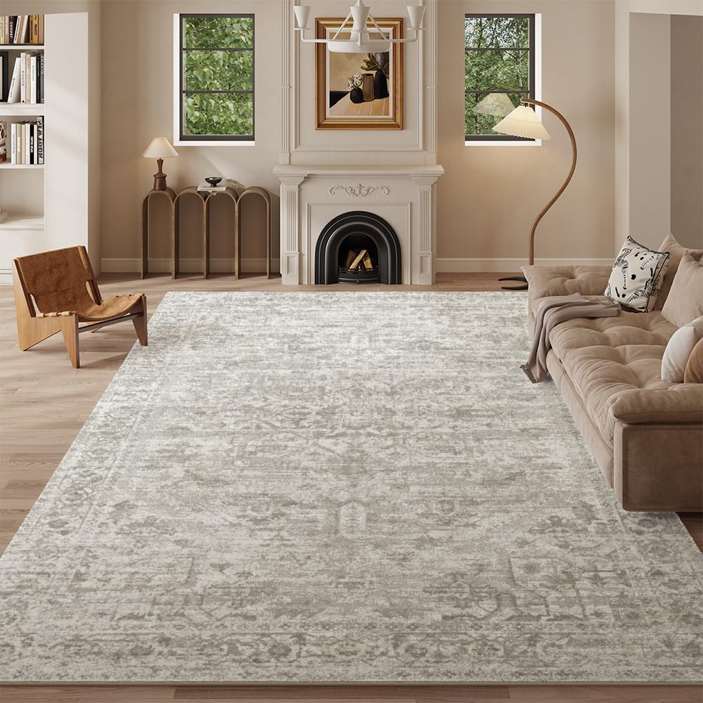 8x10 Pink Gray Washable Area Rug for Living Room, Vintage Print