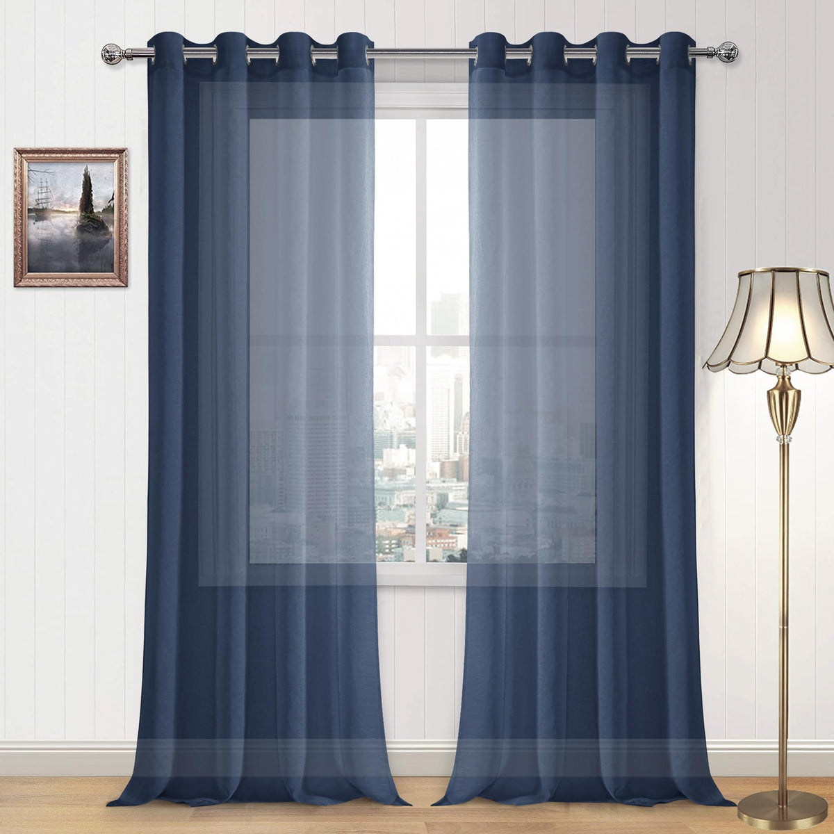 DWCN White Sheer Curtains Linen Look Semi Transparent Voile Grommet White Curtains for Living Dining Room Drapes 52 x 84 Inch Long, Set of 2 Panels