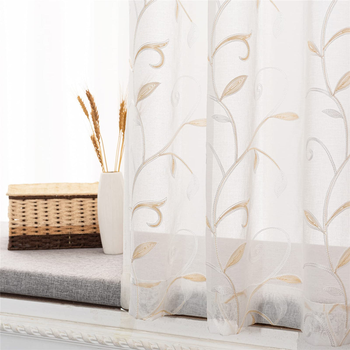 VISIONTEX Sheer Curtains Boho Leaf Floral Embroidered Cream Beige 54Wx84L