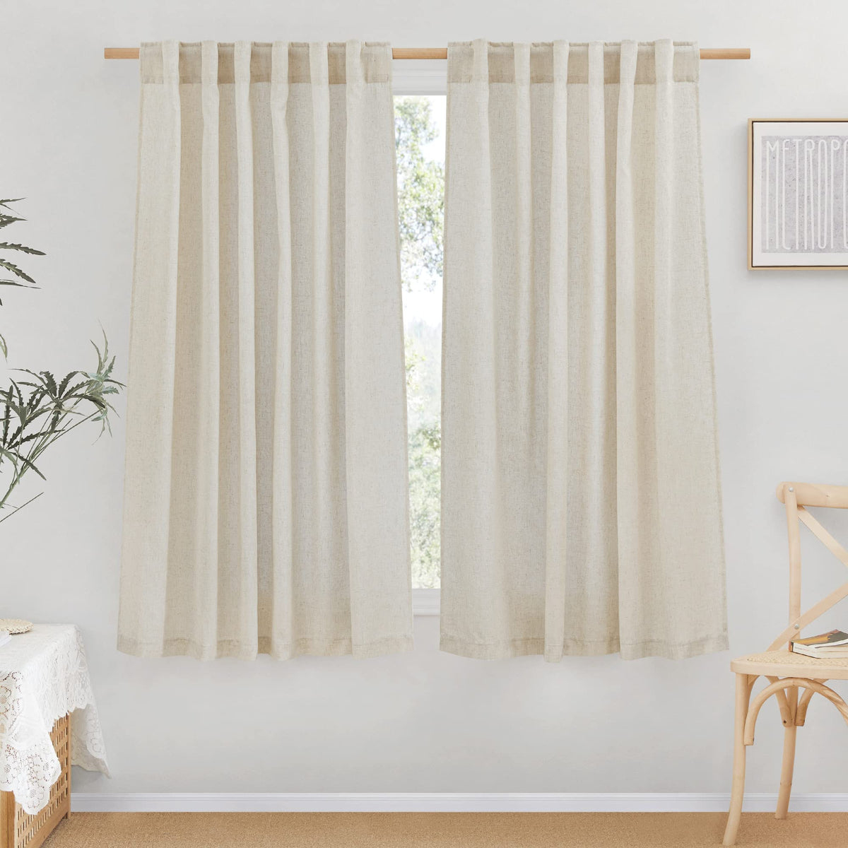 NICETOWN Natural Linen Curtains & Drapes for Windows 84 inch Long, Rod Pocket & Back Tab Thick Flax Semi Sheer Privacy Assured with Light Filtering for Bedroom/Living Room, W55 x L84, 2 Pieces