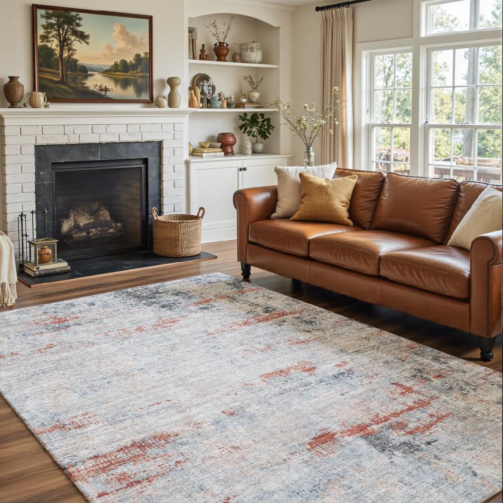 8x10 Pink Gray Washable Area Rug for Living Room, Vintage Print