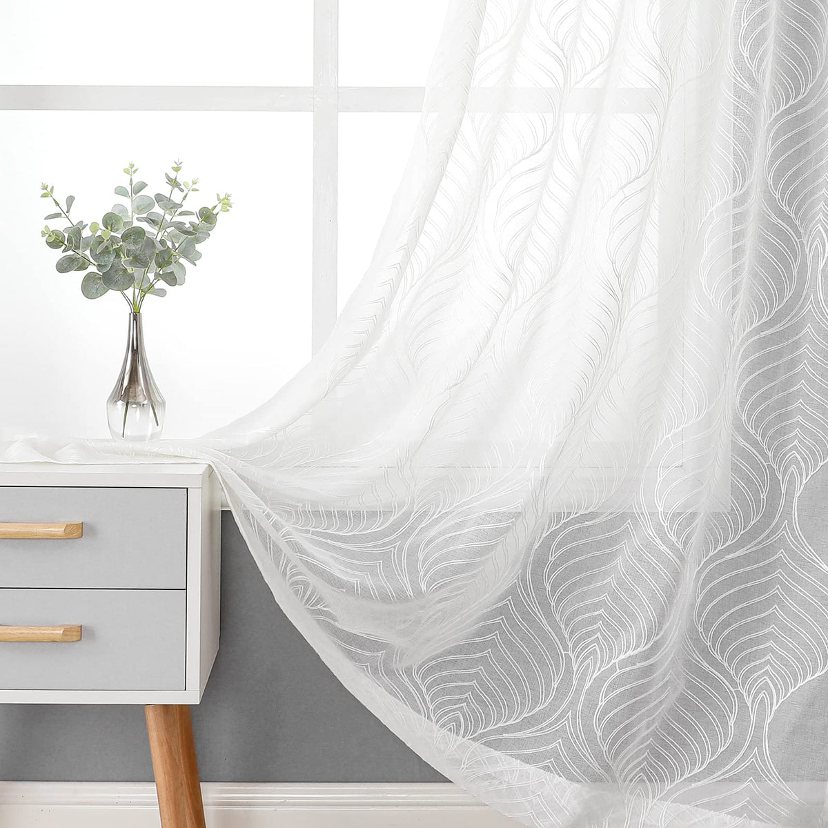 VISIONTEX White Sheer Curtains Grey Moroccan Embroidered 63 Inch Length