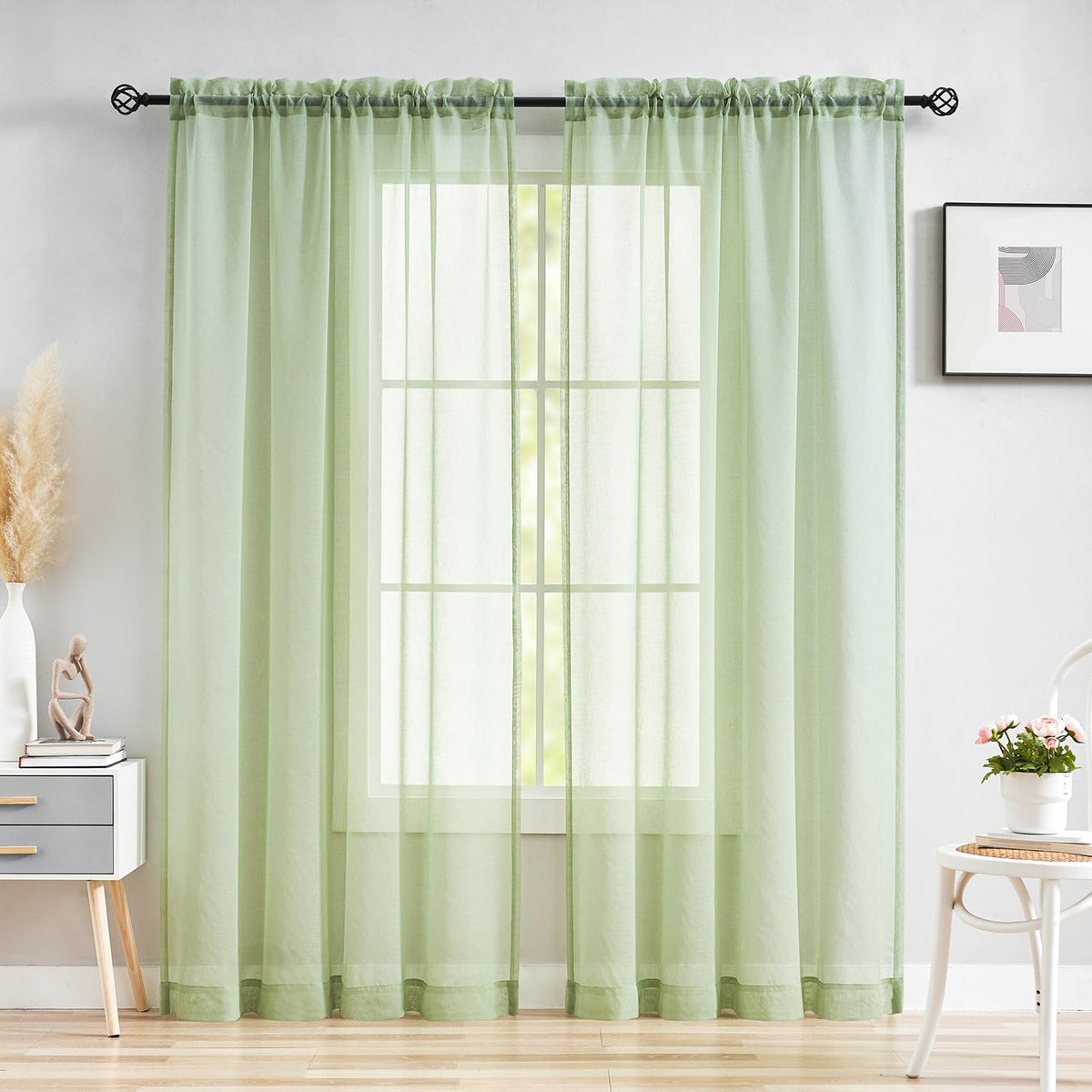 MYSTIC-HOME Sheer Curtains White 63 Inch Length, Rod Pocket Voile Drapes for Living Room, Bedroom, Window Treatments Semi Crinkle Curtain Panels for Yard, Patio, Villa, Parlor, Set of 2, 52"x 63"