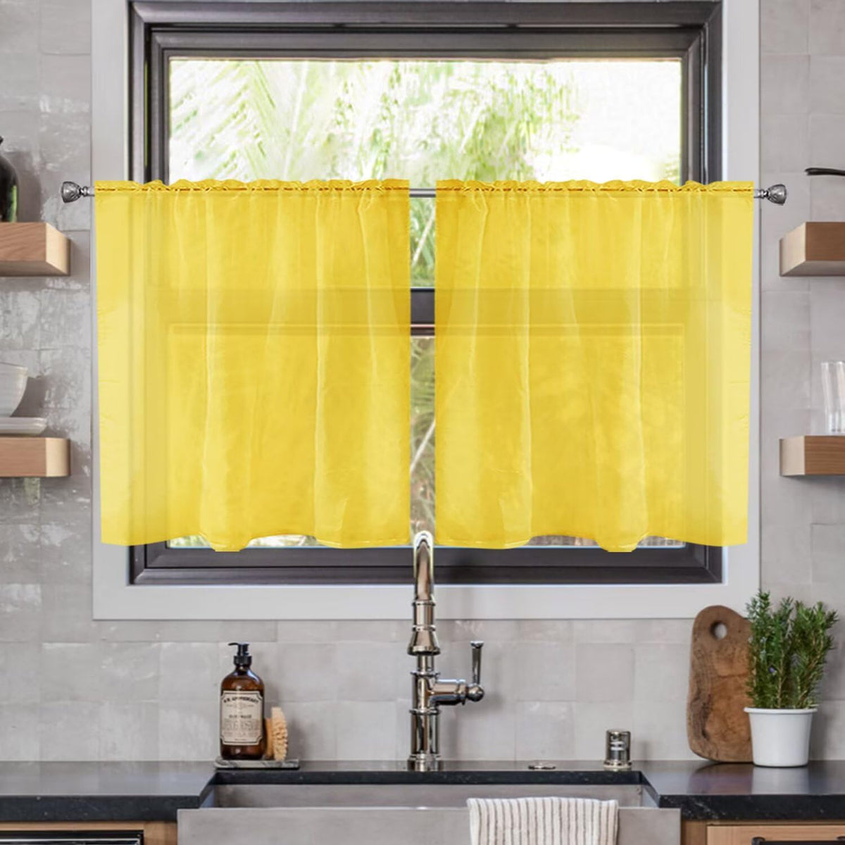 youleyar Solid Sheer Rod Pocket Curtain Voile Draperies 2 Panels White Beige Black Grey Coffee 52 Inch Width 84 Inch Long 1 Pair for Kitchen Bedroom Children Living Room Yard (Orange,52Wｘ84L)